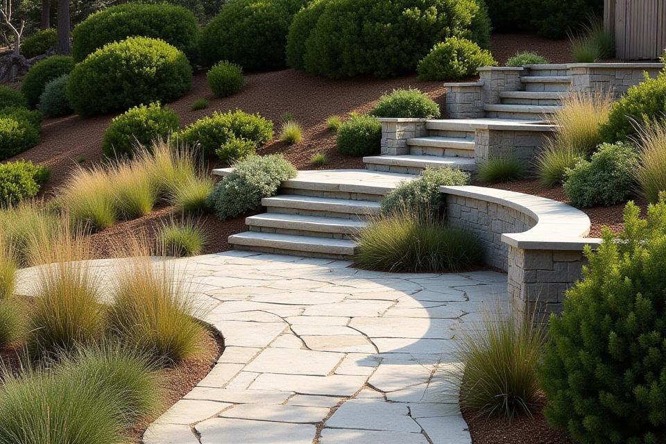 Native coastal landscaping with stone hardscaping